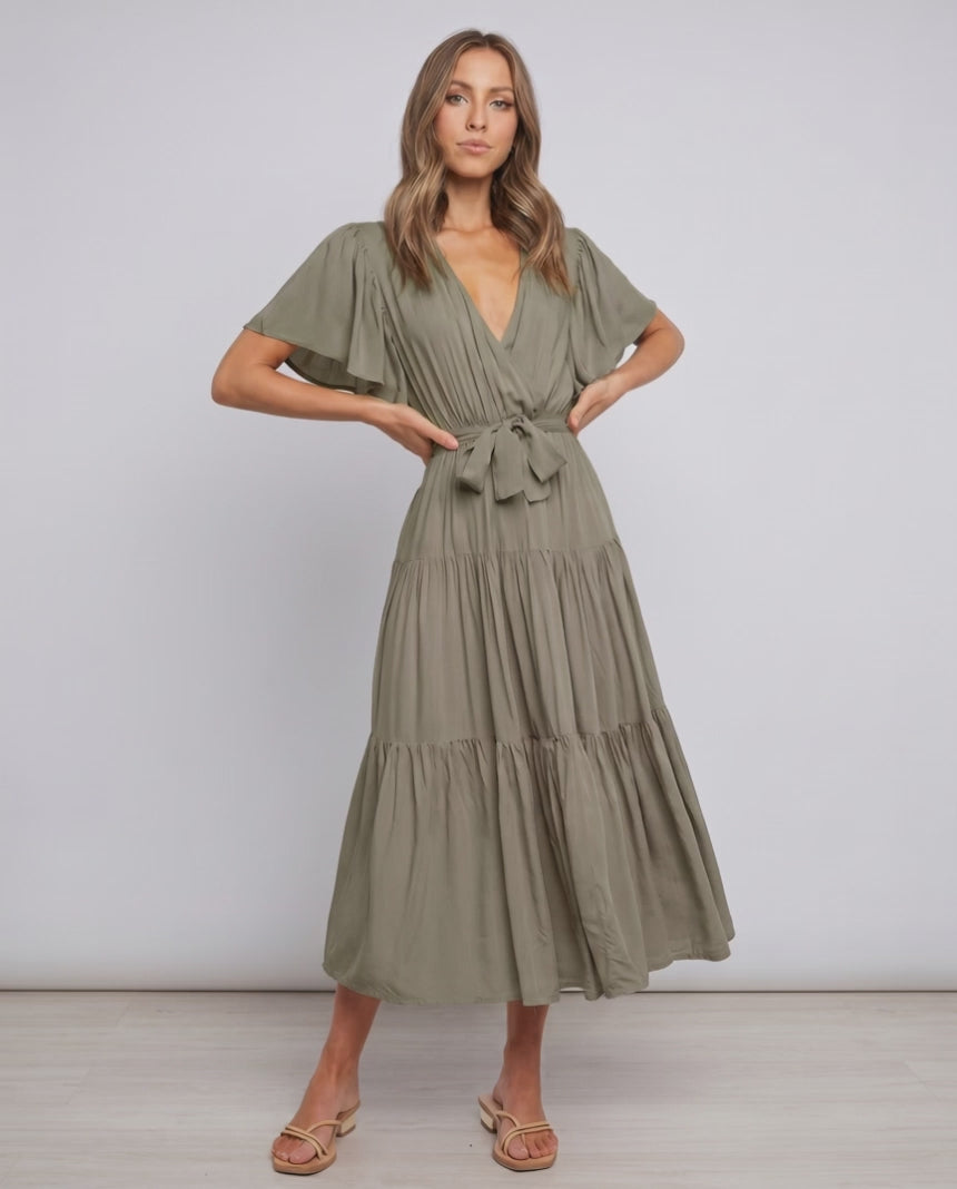 Solenne Midi Dress by Lauven — chiffon butterfly sleeve V-neck tiered midi dress
