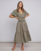 Solenne Midi Dress by Lauven — chiffon butterfly sleeve V-neck tiered midi dress