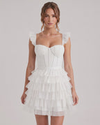 Celestia Mini Dress by Lauven — layered tulle sweetheart A-line mini dress with spaghetti straps