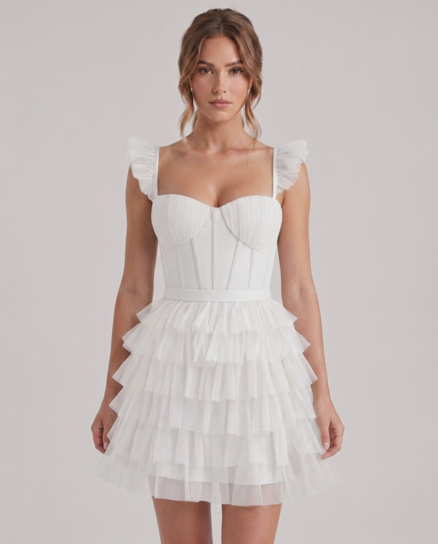 Celestia Mini Dress by Lauven — layered tulle sweetheart A-line mini dress with spaghetti straps