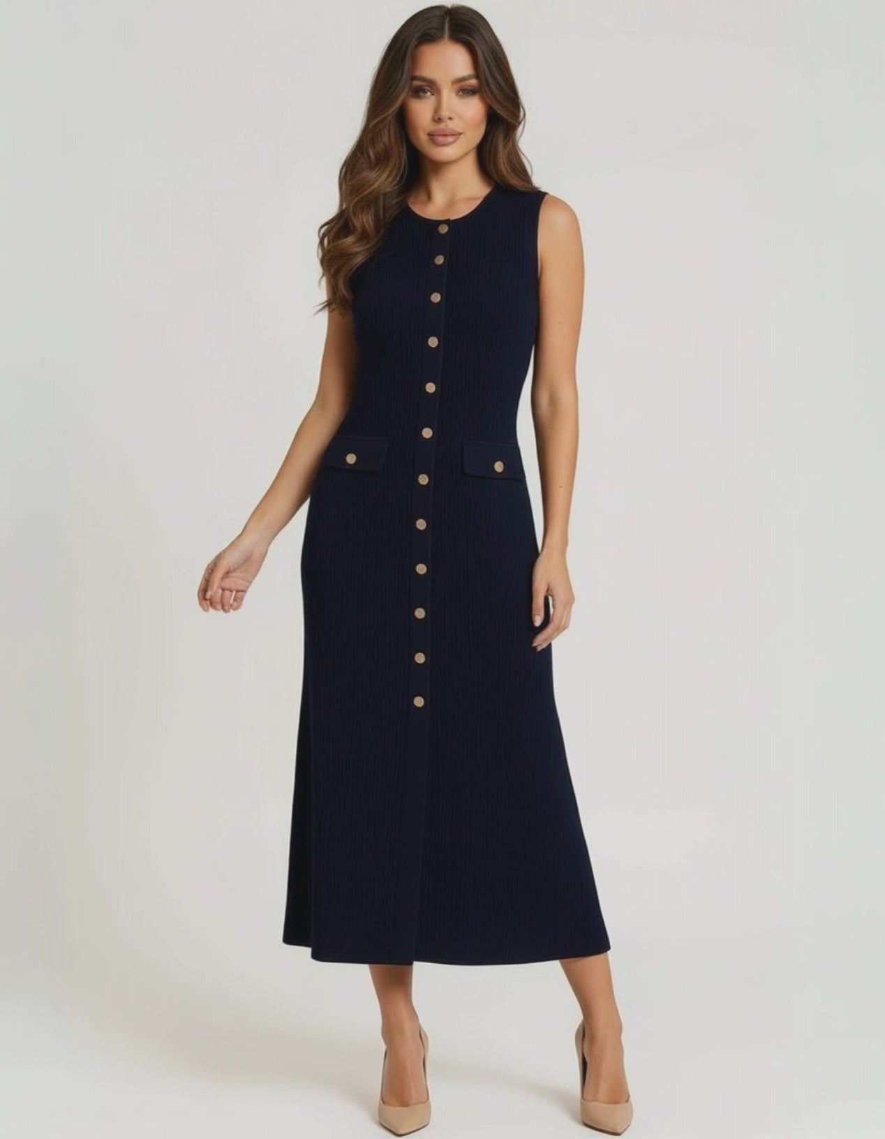Monaco Midi Dress by Lauven - Women’s navy midi dress with gold button front for effortless sophistication.