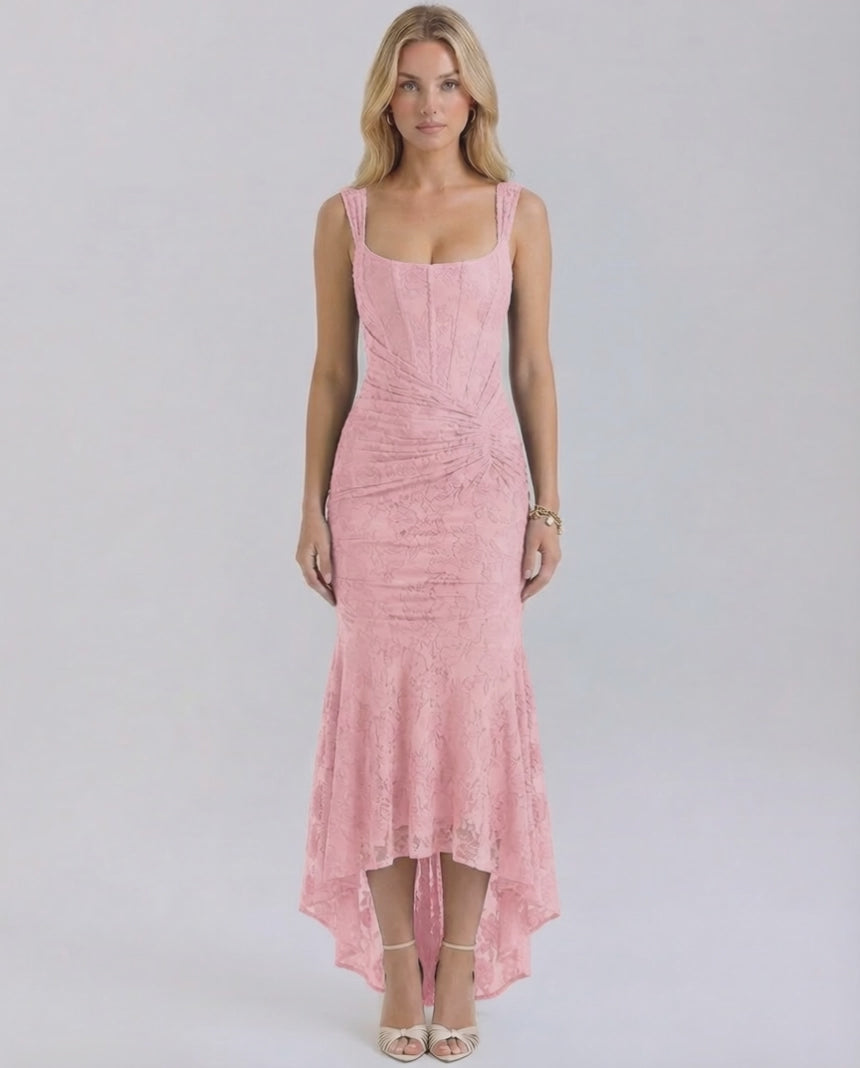 Elegant Blush Maxi Dress by Lauven with square neckline and asymmetric hem in soft pink.