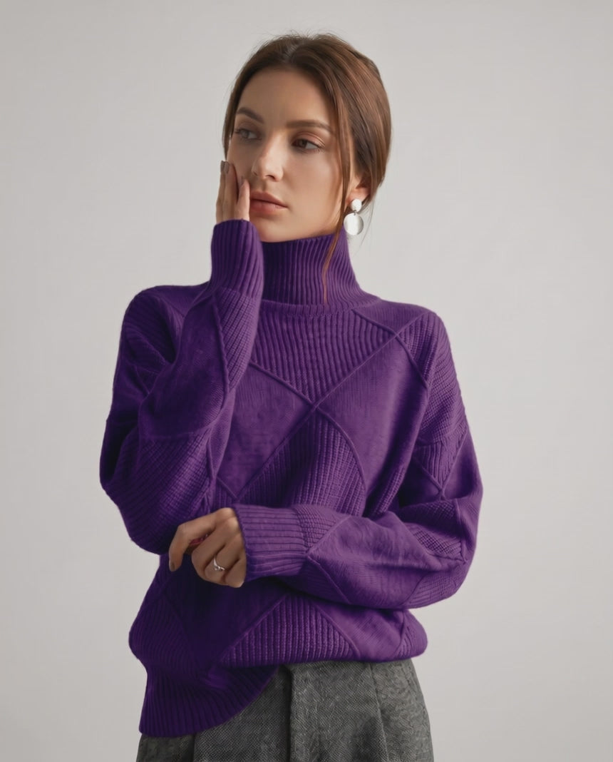 Aureline Sweater by Lauven — women’s oversized high-neck knit sweater with geometric texture and ribbed details