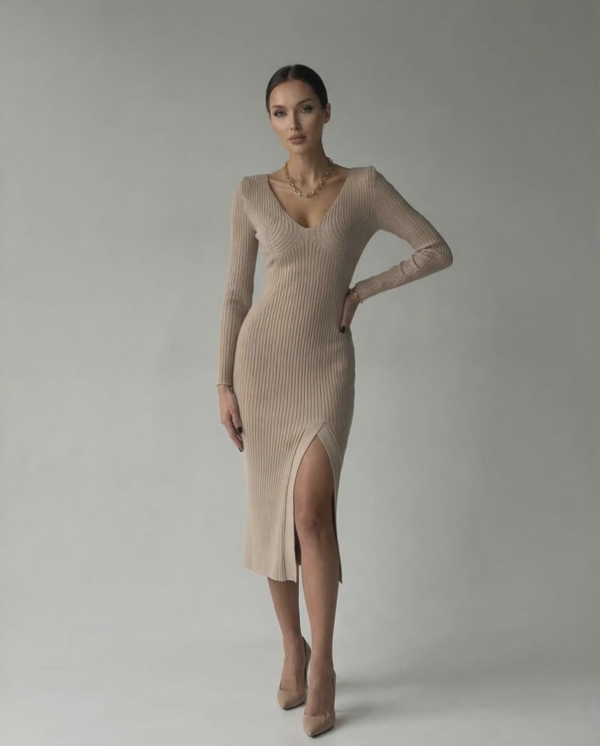Sierra Midi Dress by Lauven, sleek ribbed knit pencil dress with V-neck and side slit, perfect for club-ready style.