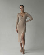 Sierra Midi Dress by Lauven, sleek ribbed knit pencil dress with V-neck and side slit, perfect for club-ready style.
