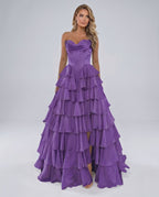 Seraphine Maxi Dress by Lauven — satin chiffon sleeveless sweetheart tiered A-line maxi dress