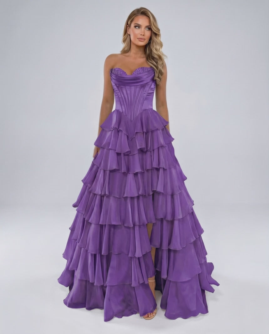 Seraphine Maxi Dress by Lauven — satin chiffon sleeveless sweetheart tiered A-line maxi dress