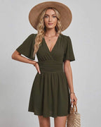 Calista Mini Dress by Lauven — chiffon ruffled short sleeve V-neck A-line mini dress