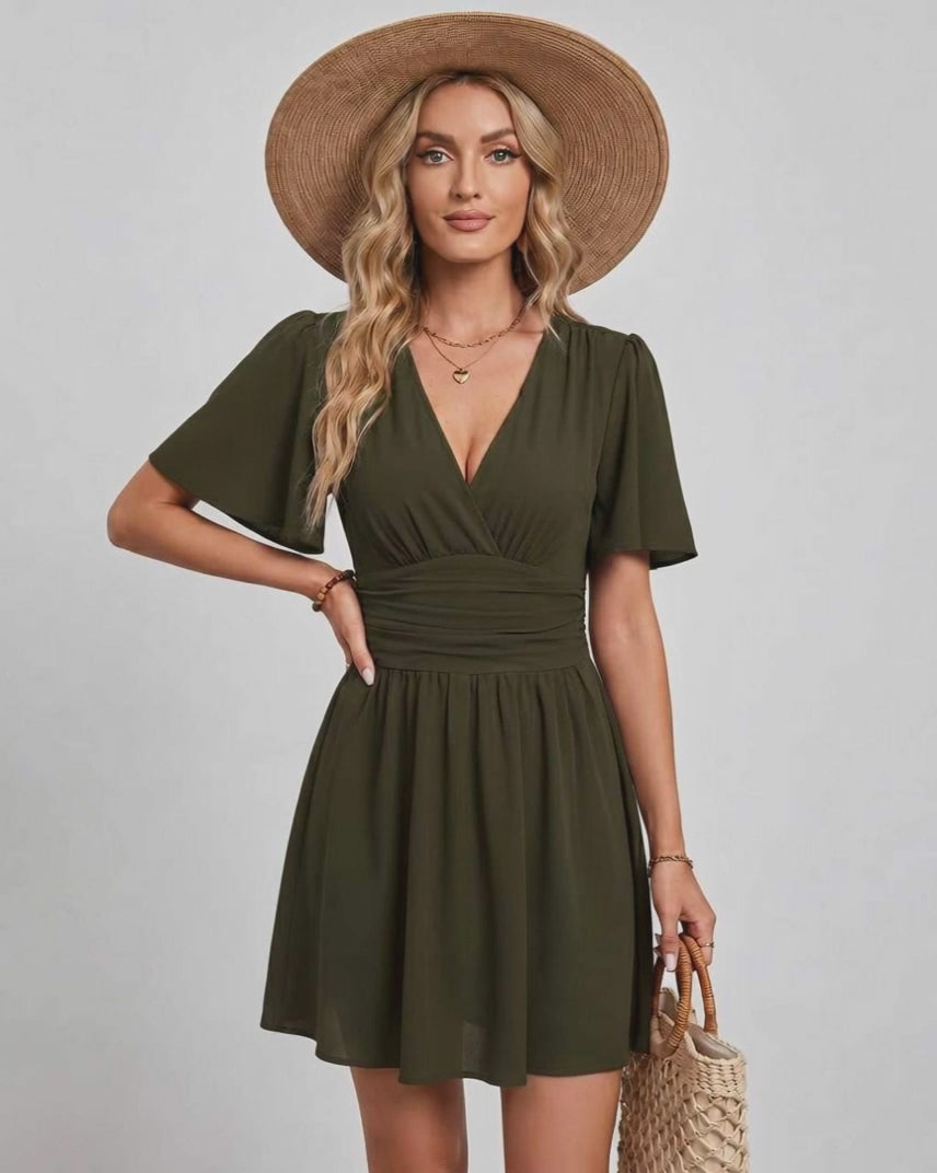 Calista Mini Dress by Lauven — chiffon ruffled short sleeve V-neck A-line mini dress