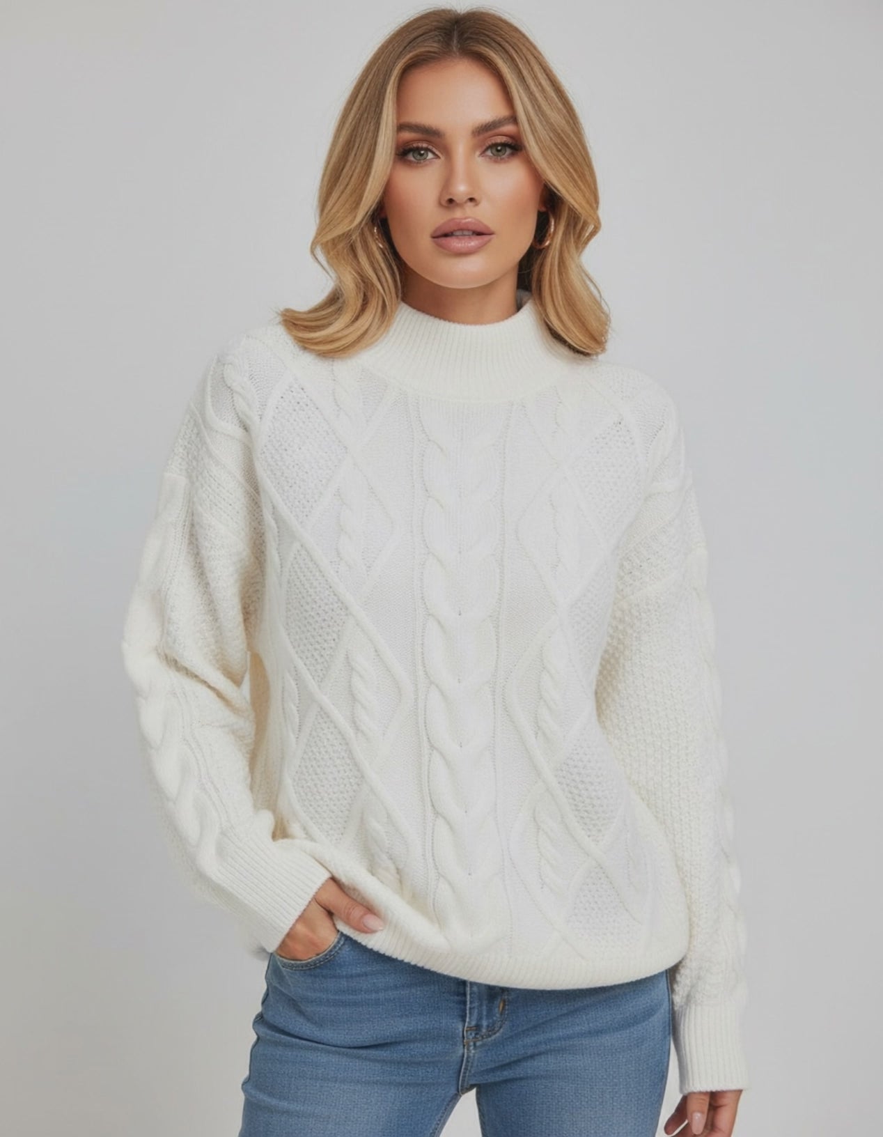Sienna Sweater by Lauven - Women's oversized cable knit sweater in white for effortless fall winter style.