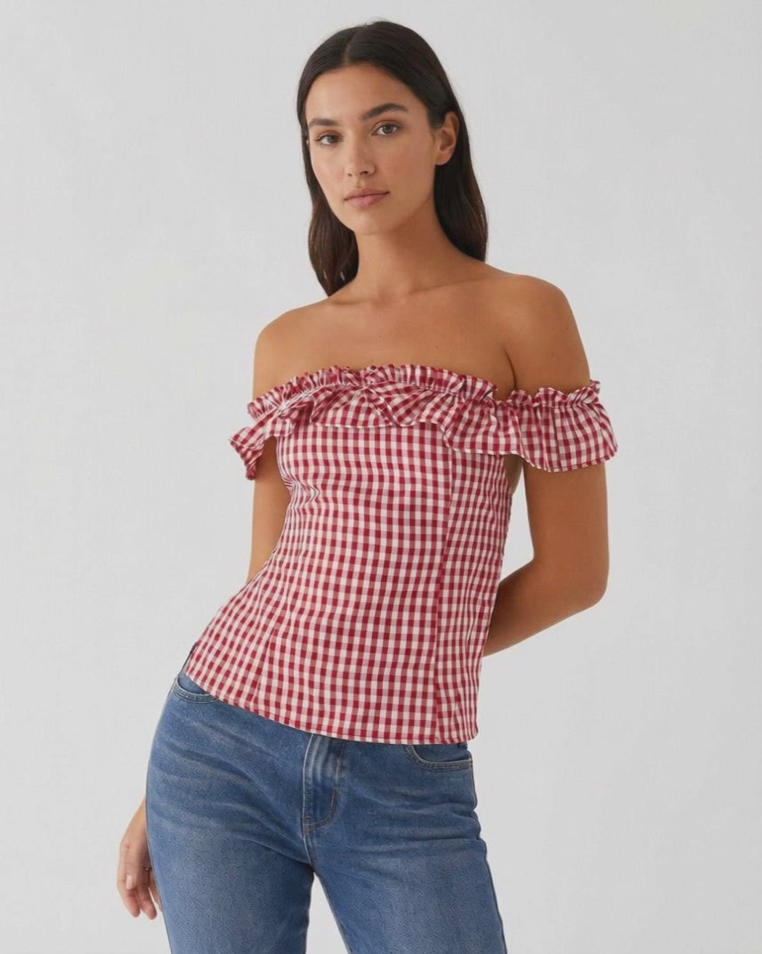 Rosalie Gingham Top by Lauven – Women's red plaid off-shoulder summer top with ruffle detail.