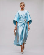 Seralyn Midi Dress by Lauven — satin kimono sleeve boat neck draped midi dress