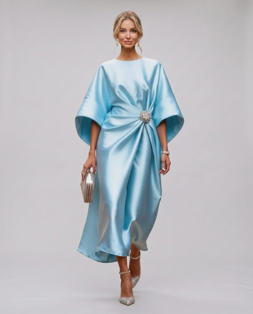 Seralyn Midi Dress by Lauven — satin kimono sleeve boat neck draped midi dress