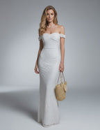 Luna Maxi Dress by Lauven, elegant off-shoulder lace gown with 3D lace pattern and high waist silhouette.