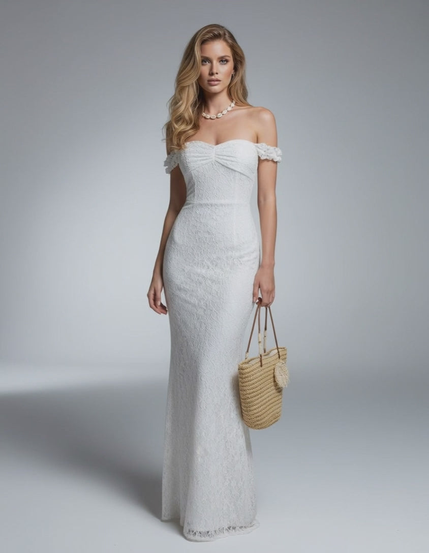 Luna Maxi Dress by Lauven, elegant off-shoulder lace gown with 3D lace pattern and high waist silhouette.