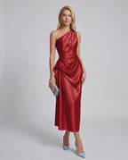 Seraphine Midi Dress by Lauven — satin sleeveless one-shoulder draped sheath midi dress