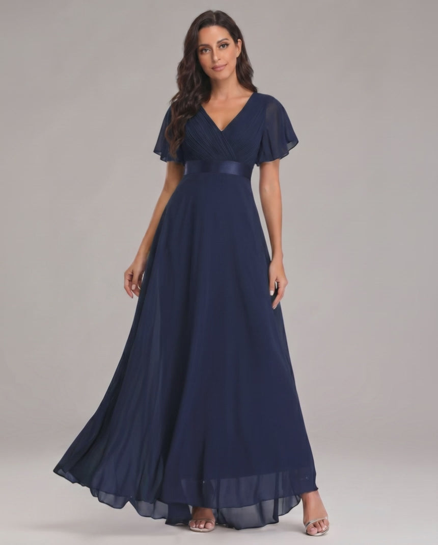 Veloura Maxi Dress by Lauven — chiffon flutter sleeve V-neck A-line maxi dress