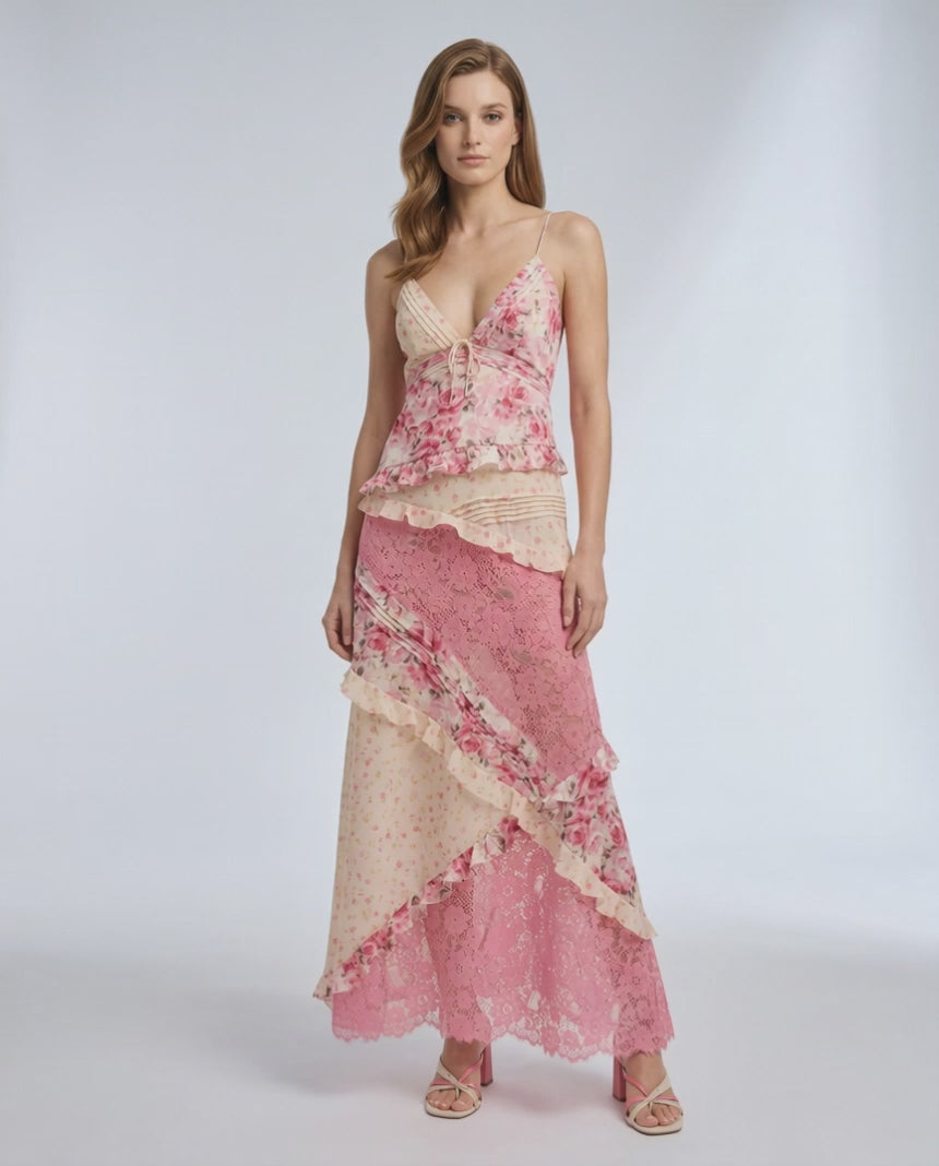 Sienna Maxi Dress with floral lace, ruffle details, and V-neck design by Lauven, perfect for a romantic look.