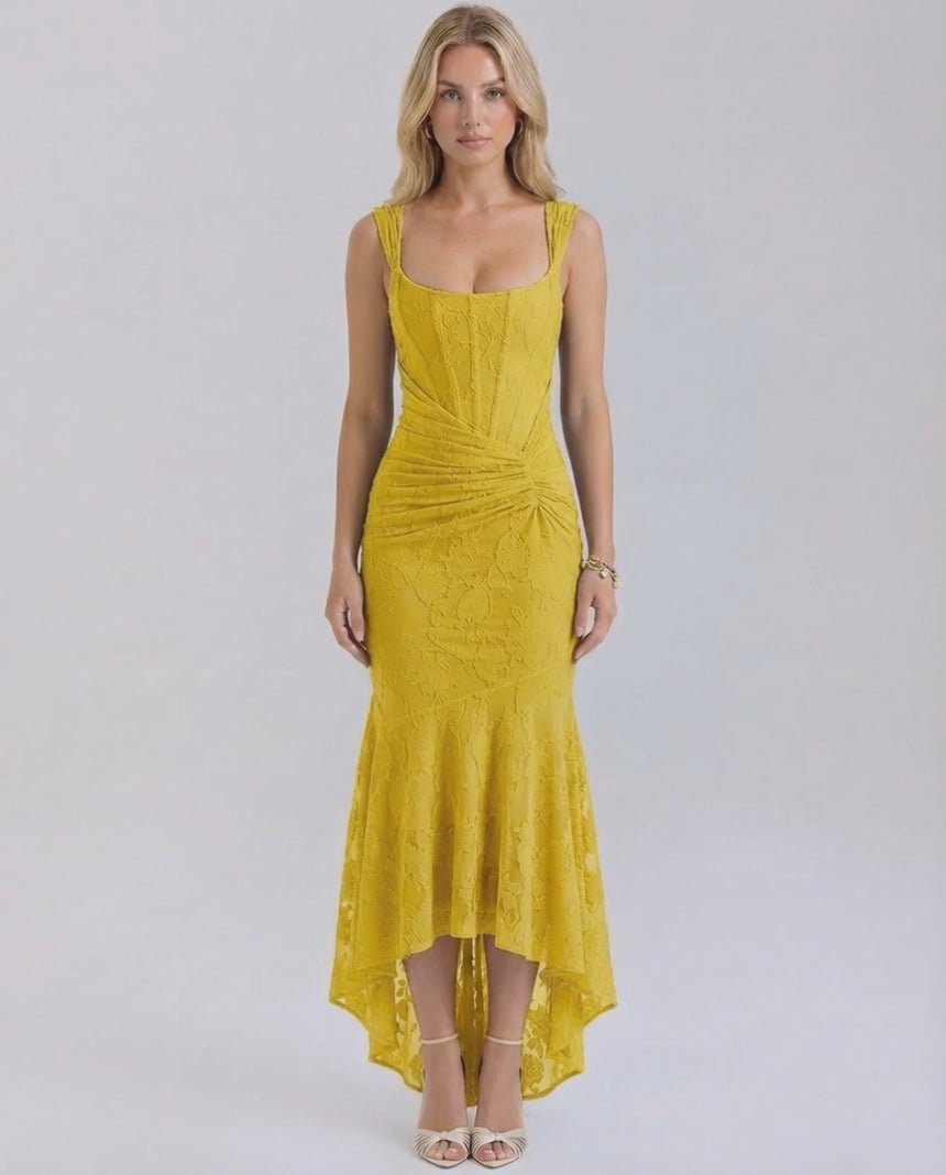 Marigold Maxi Dress by Lauven featuring elegant square collar and jacquard fabric in vibrant yellow tone.