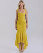 Marigold Maxi Dress by Lauven featuring elegant square collar and jacquard fabric in vibrant yellow tone.