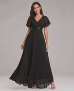 Veloura Maxi Dress by Lauven — chiffon flutter sleeve V-neck A-line maxi dress