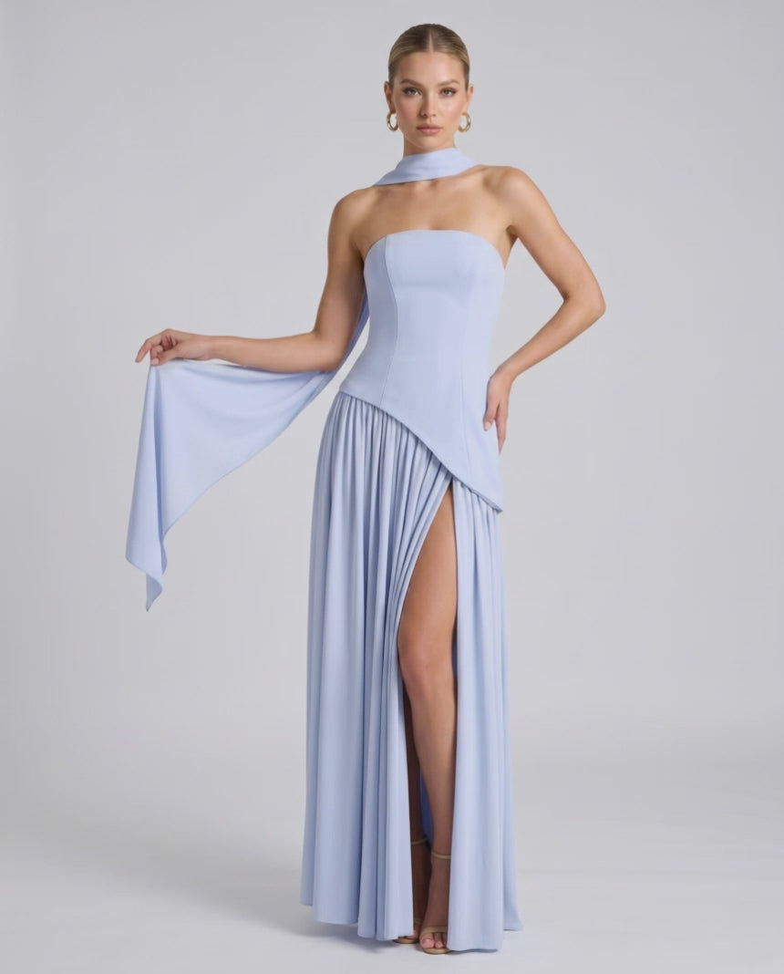 Aureline Maxi Dress by Lauven — chiffon strapless halter pleated maxi dress with slit