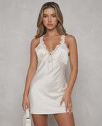 Lauven Luna Mini Dress - Elegant satin V-neck mini dress with lace trim in ivory, designed for a refined and comfortable fit.