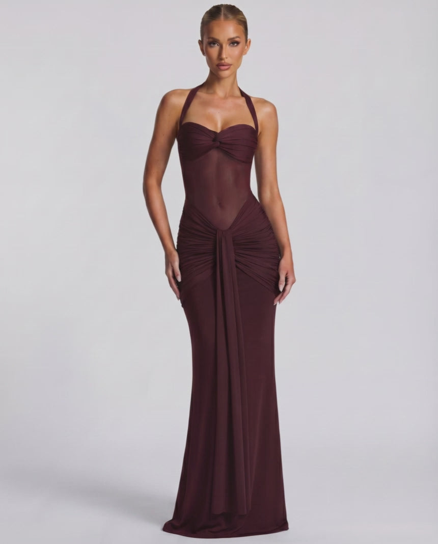 Valora Maxi Dress featuring a burgundy halter design, mesh panel accents, and a sculpted mermaid silhouette from Lauven.
