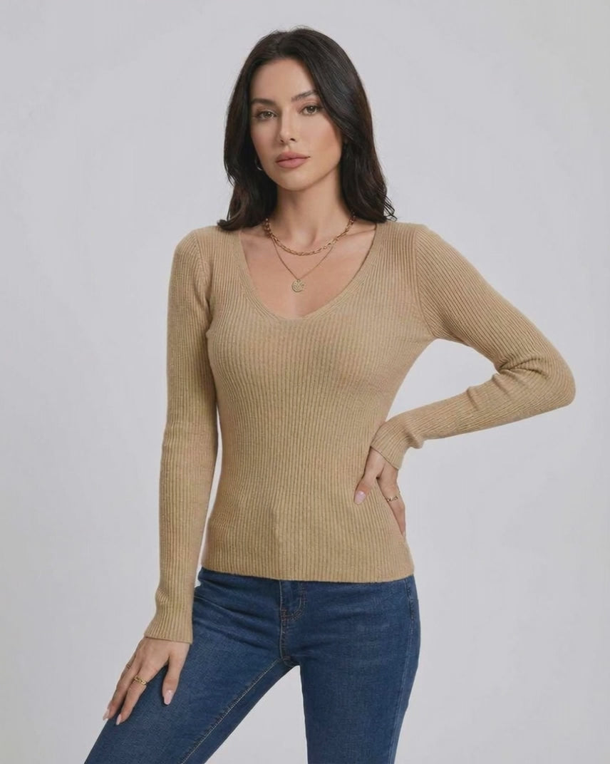 Sahara Pullover by Lauven – Women’s V-Neck Slim Fit Sweater in Ribbed Knit, Perfect for Casual and Workwear Looks.