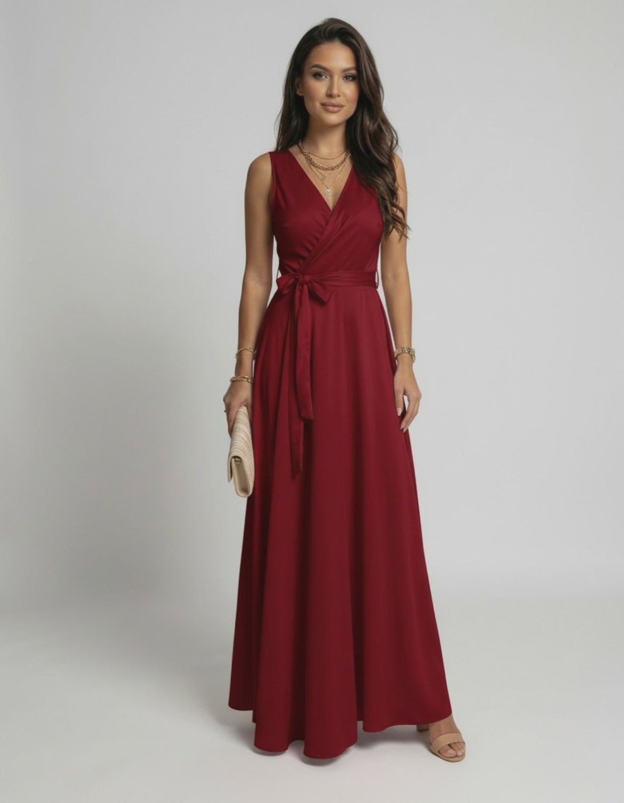 Ember Maxi Dress by Lauven in vibrant red with elegant V-neck and flowing maxi length.