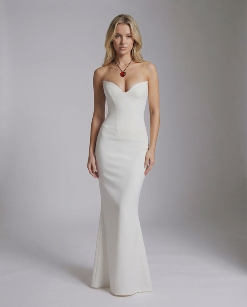 Valencia Maxi Dress by Lauven - Elegant strapless white mermaid silhouette with a captivating profile.