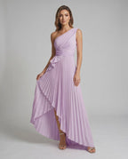 Aureline Maxi Dress by Lauven — pleated satin one shoulder A-line maxi dress with ruffle slit