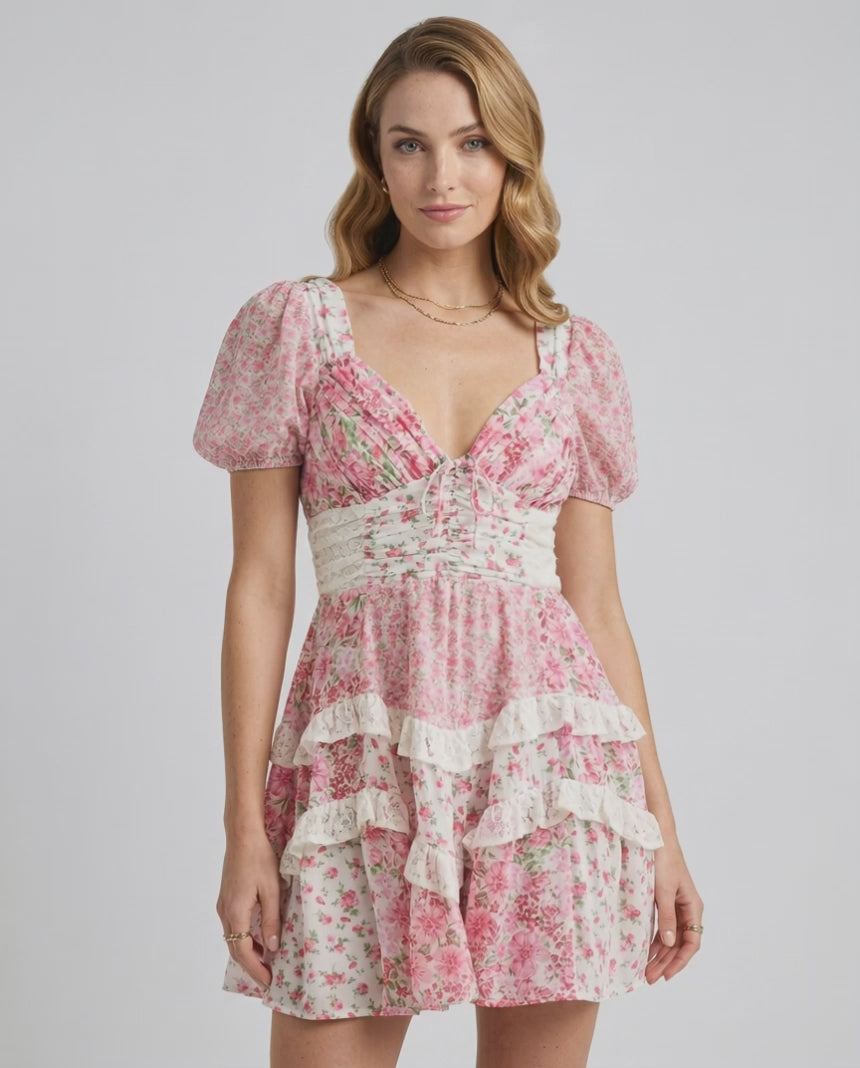 Ivy Mini Dress by Lauven featuring a floral print, puff sleeves, A-line silhouette, and deep V-neckline.