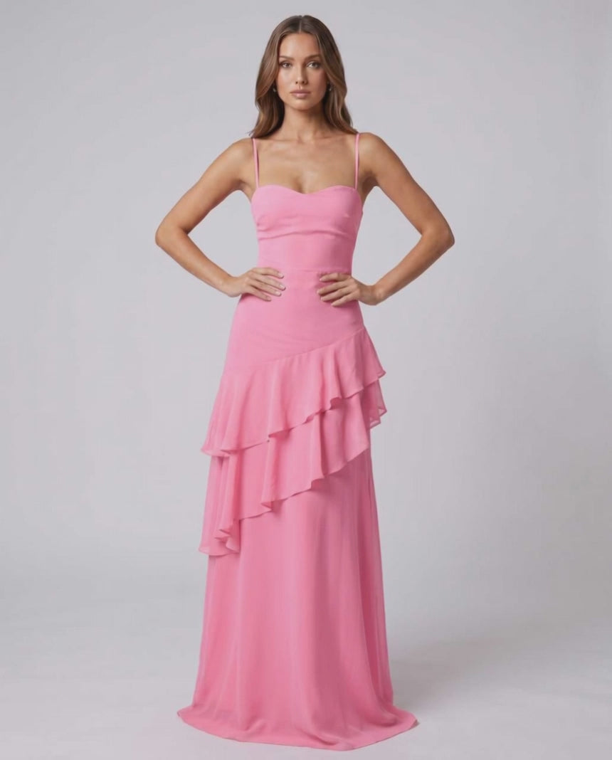 Rosette Maxi Dress by Lauven — polyester V-neck sleeveless bodycon maxi dress with layered ruffles