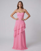 Rosette Maxi Dress by Lauven — polyester V-neck sleeveless bodycon maxi dress with layered ruffles
