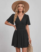 Calista Mini Dress by Lauven — chiffon ruffled short sleeve V-neck A-line mini dress