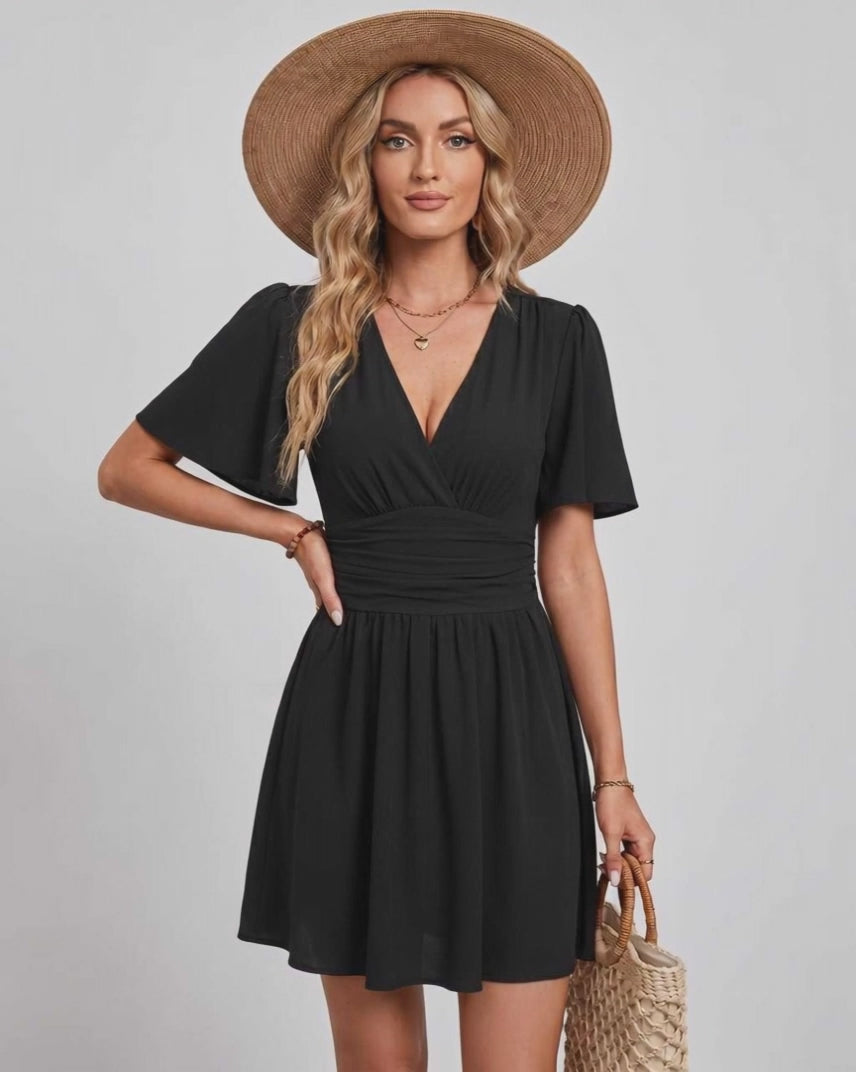 Calista Mini Dress by Lauven — chiffon ruffled short sleeve V-neck A-line mini dress