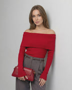 Verona Top by Lauven – Women’s Off-The-Shoulder Long Sleeve Slim Fit Top in Solid Red, perfect for sophisticated style.