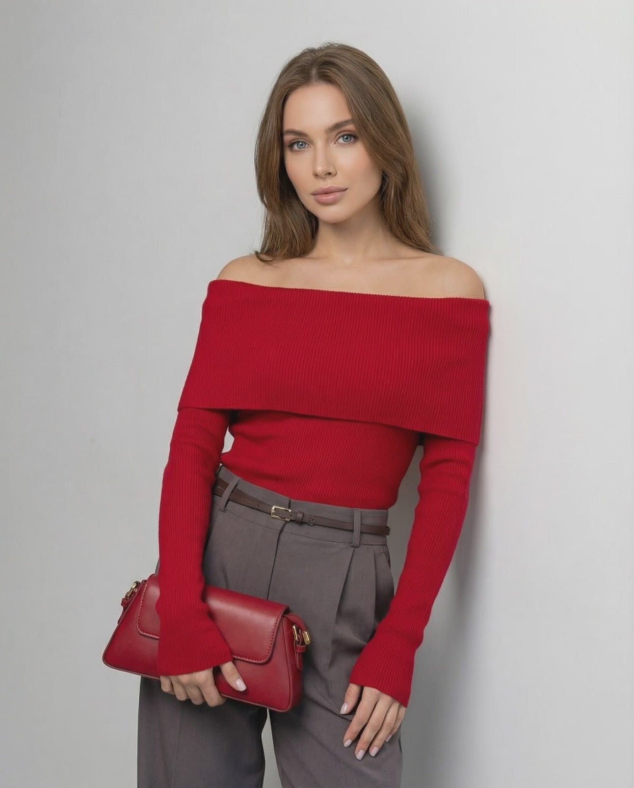 Verona Top by Lauven – Women’s Off-The-Shoulder Long Sleeve Slim Fit Top in Solid Red, perfect for sophisticated style.