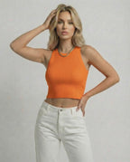 Capri Top by Lauven – Bold orange ribbed knit cropped sleeveless top for women, perfect for stylish summer outfits.