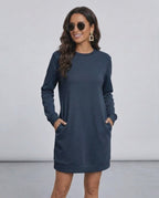 Lauven Nero Mini Dress in deep navy color, featuring a relaxed fit and full-length sleeves for casual style.