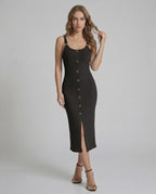 Noemi Midi Dress by Lauven - Black Ribbed Sleeveless Dress with Button Front and Front Split