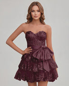 Veloura Mini Dress by Lauven — lace appliqué strapless sweetheart tiered mini dress