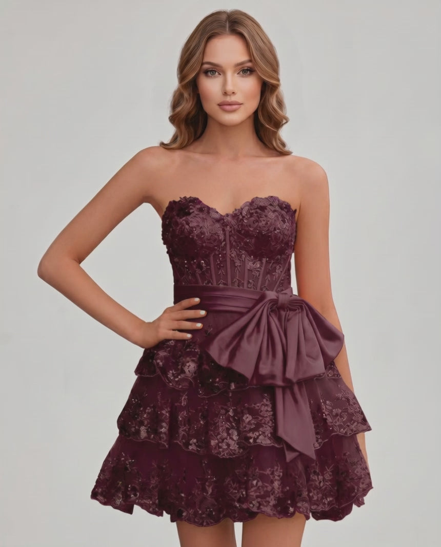 Veloura Mini Dress by Lauven — lace appliqué strapless sweetheart tiered mini dress