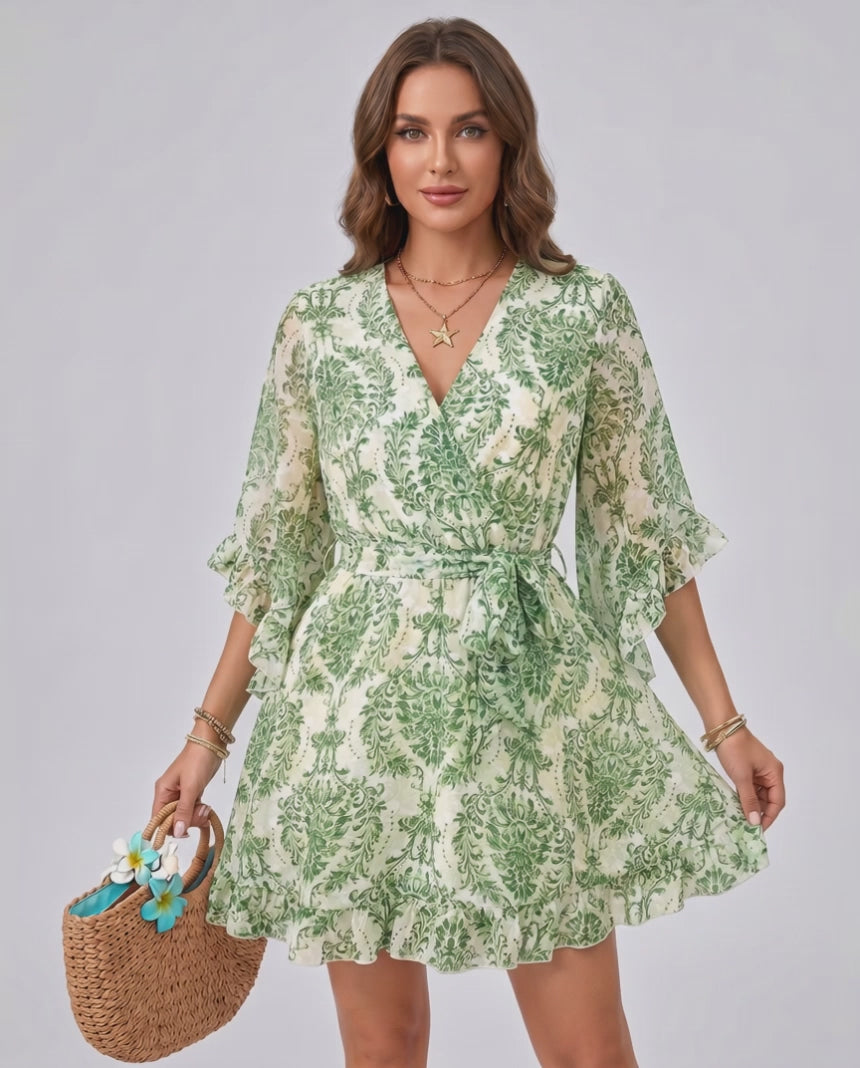 Florisse Mini Dress by Lauven — chiffon long flare sleeve V-neck A-line mini dress