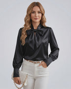 Veloura Blouse by Lauven — women’s satin bow tie neck blouse with long sleeves
