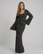 Noiré Maxi Dress featuring ribbed knit fabric, long sleeves, elegant silhouette by Lauven.