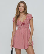 Azura Mini Dress by Lauven, red checkered sleeveless dress with empire waist and O-neck design.