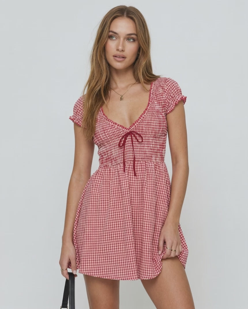 Azura Mini Dress by Lauven, red checkered sleeveless dress with empire waist and O-neck design.
