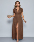 Elara Maxi Dress by Lauven — textured knit short sleeve V-neck button front maxi dress